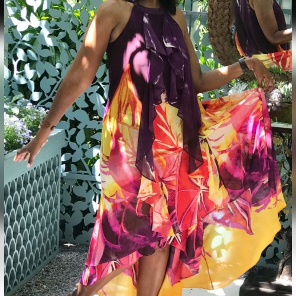 Nwot Jennifer Lopez Purple/Gold Resortwear Halter Highlow Chiffon Maxidress